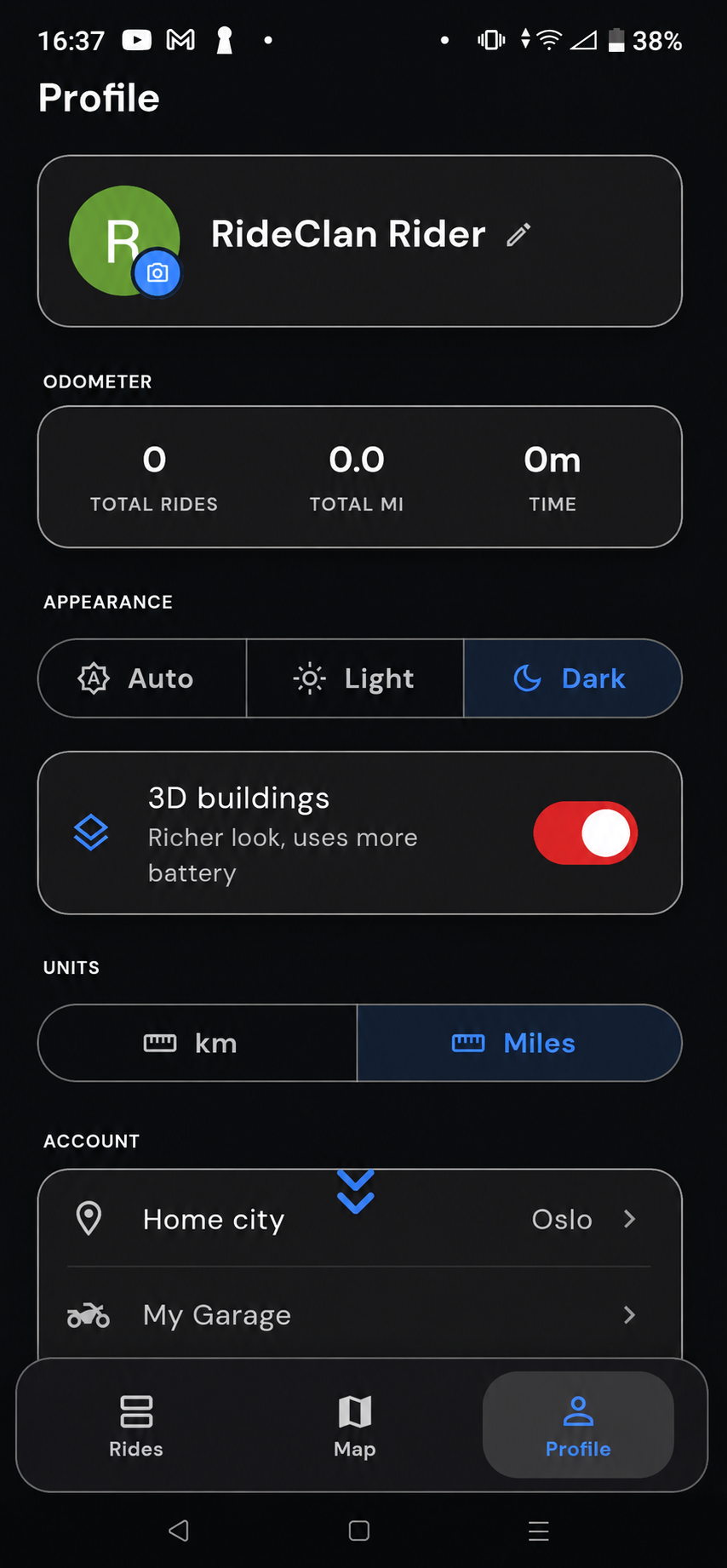 RideClan dark mode: 3D turn-by-turn