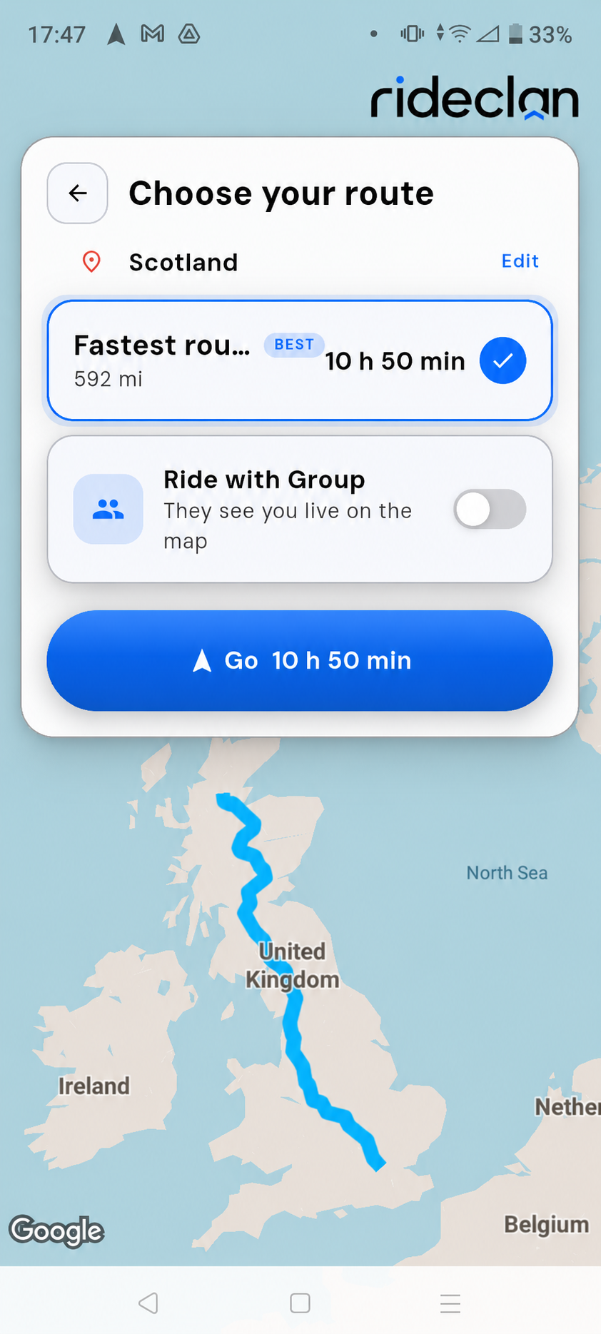 RideClan turn-by-turn navigation on an international route